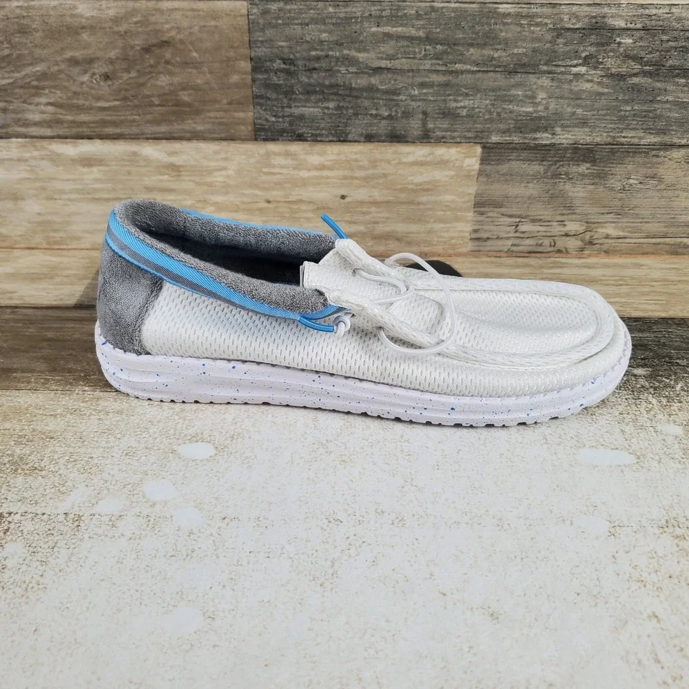Hey Dude Wally Varsity Jersey Mens Loafer Shoe Sz 9 White Blue Round Toe Slip On